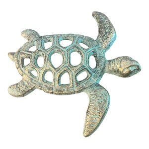 Cast Iron Sea Turtle Wall Decor With Patina Finish Nautical Theme Approx 6" X 6"